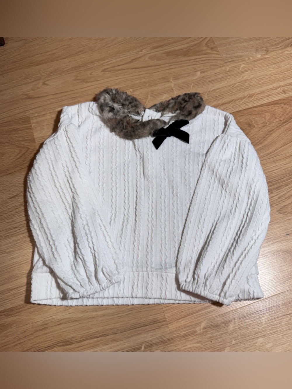 White Knit Sweater with Faux Fur Collar and Black Bow